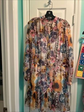 Boston Proper Sheer Floral Dress in Pink, Blue and Cream